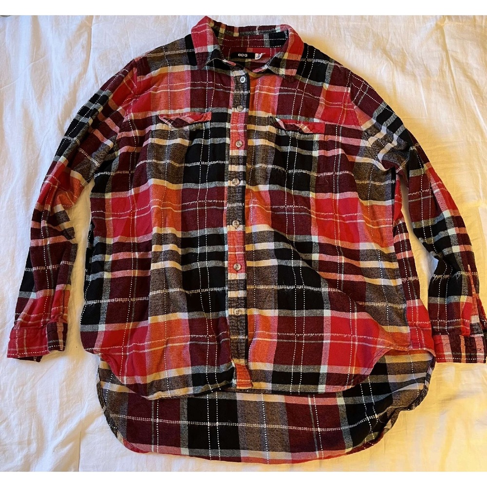 BDG Women's S Petite Flannel Red Black White Button Up Double Breasted Pockets